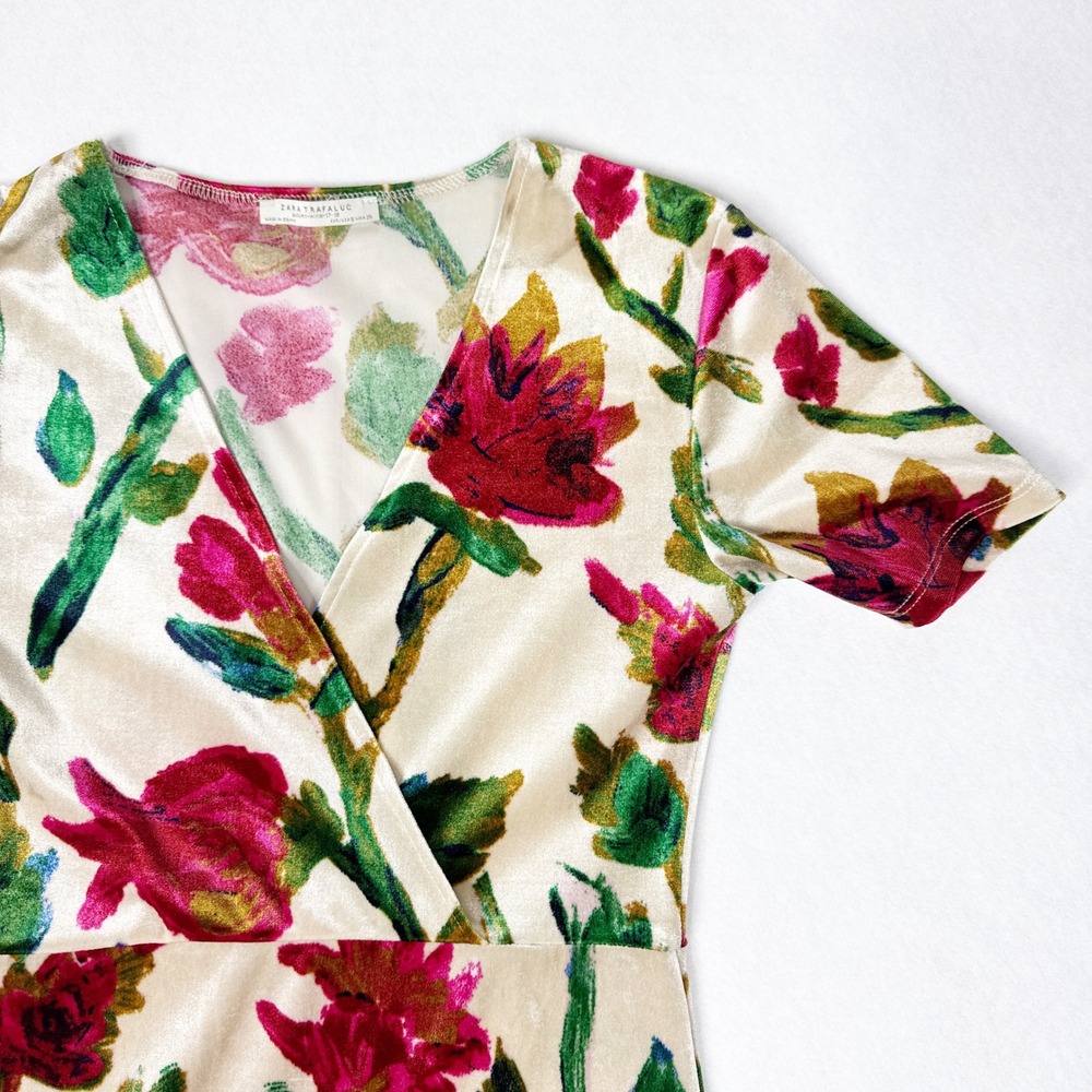 ZARA Trafaluc Floral Velvet Midi Dress Cream Pink Green Blue Short Sleeve - Picture 5 of 7